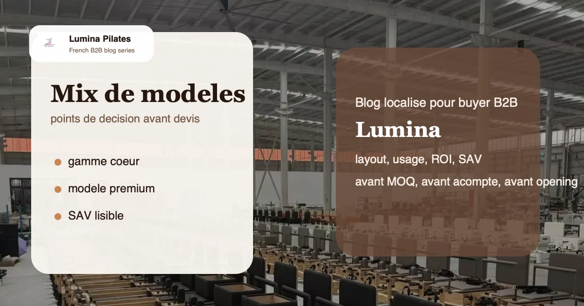 Premier container distributeur Pilates: quel mix de modeles choisir pour tester le marche francophone - plan de salle et package Lumina pour le marche francophone