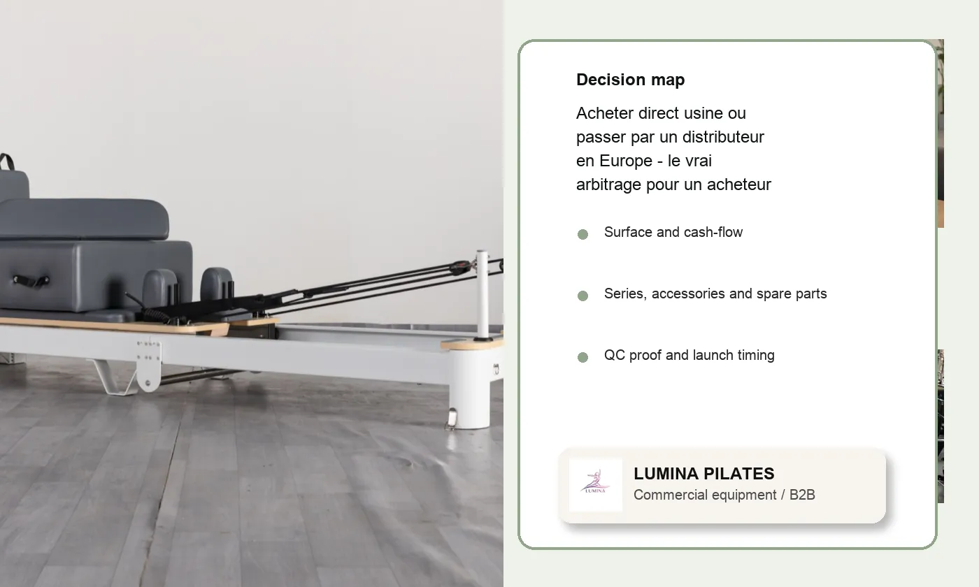 Acheter direct usine ou passer par un distributeur en Europe: le vrai arbitrage pour un acheteur Pilates francophone - planification de projet Lumina pour acheteurs francophones